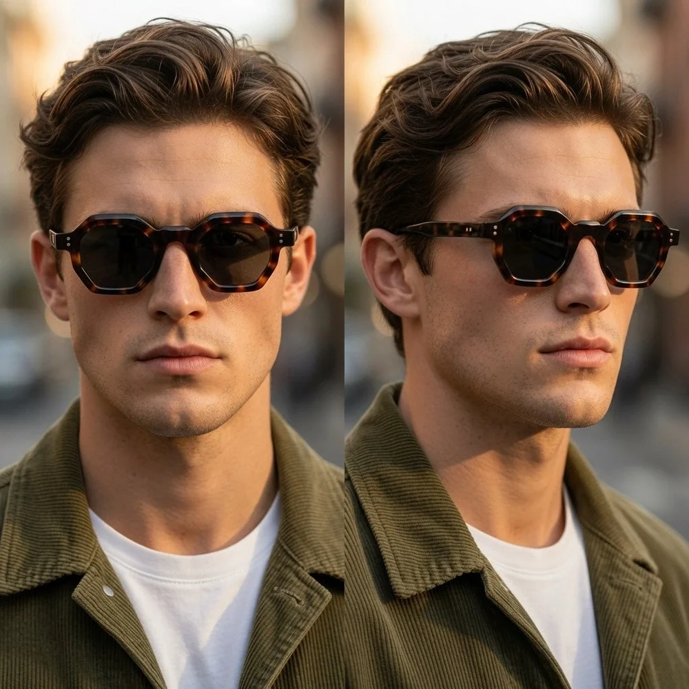 Mens Tortoise Hexagon Sunglasses Geometric Dark Grey Lens Fashion Designer Style